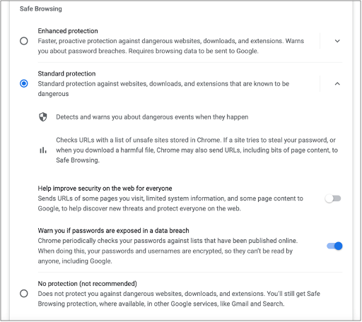 safe browsing options with standard protection radio button selected
